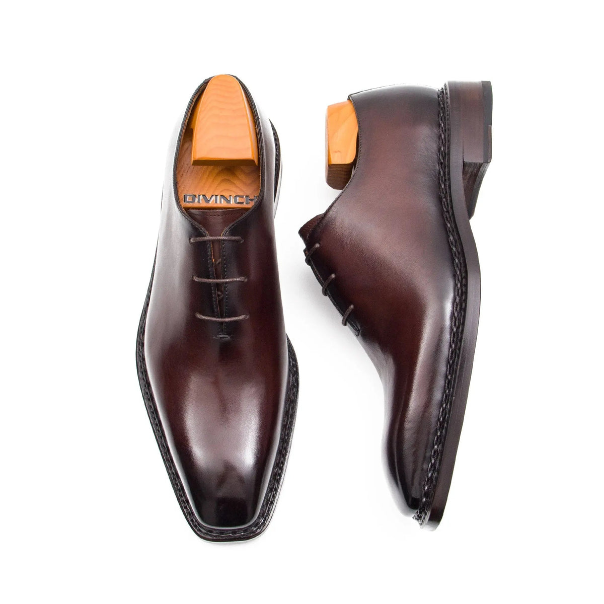 Deep Reddish Brown Square-Toe Oxford Shoes with Glossy Finish