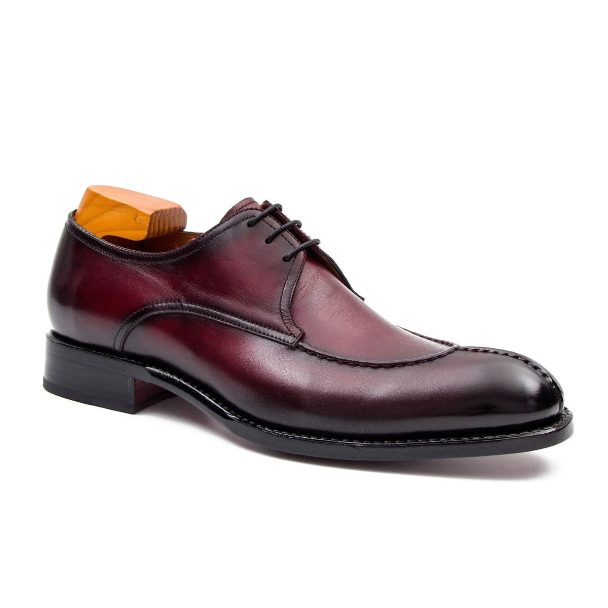 Burgundy Apron-Toe Derby Shoes with Polished Finish