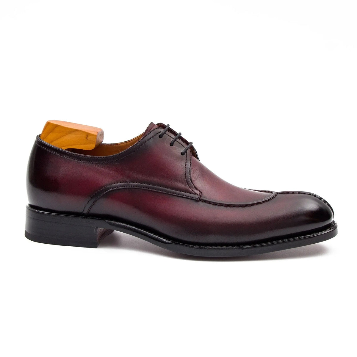 Burgundy Apron-Toe Derby Shoes with Polished Finish