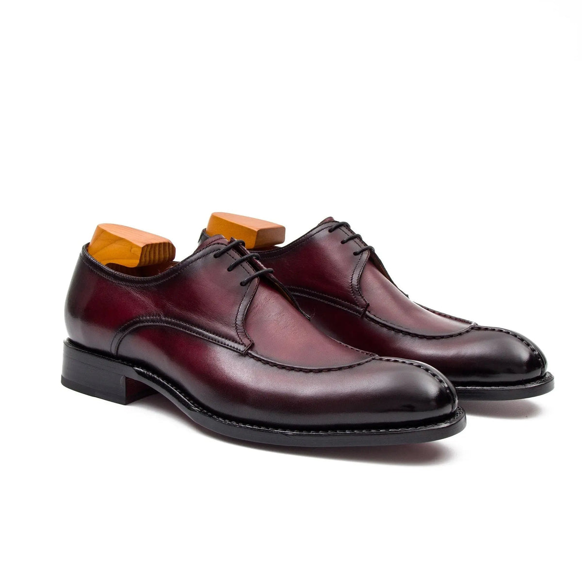 Burgundy Apron-Toe Derby Shoes with Polished Finish