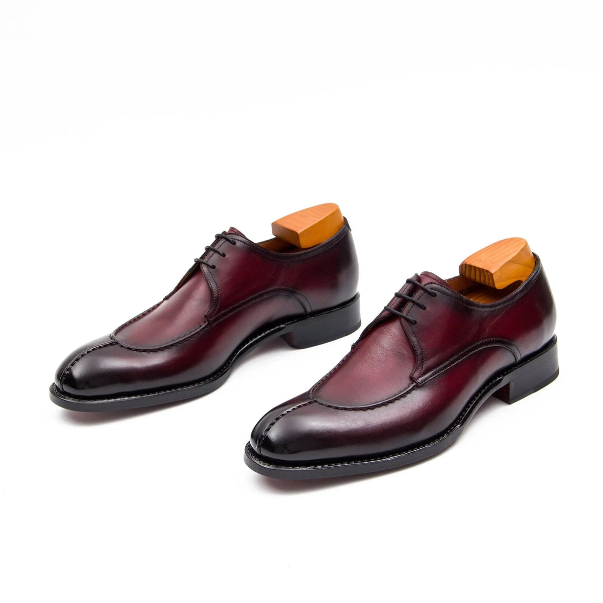 Burgundy Apron-Toe Derby Shoes with Polished Finish