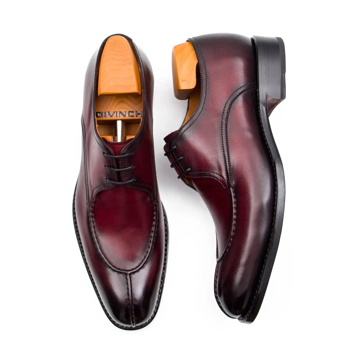 Burgundy Apron-Toe Derby Shoes with Polished Finish