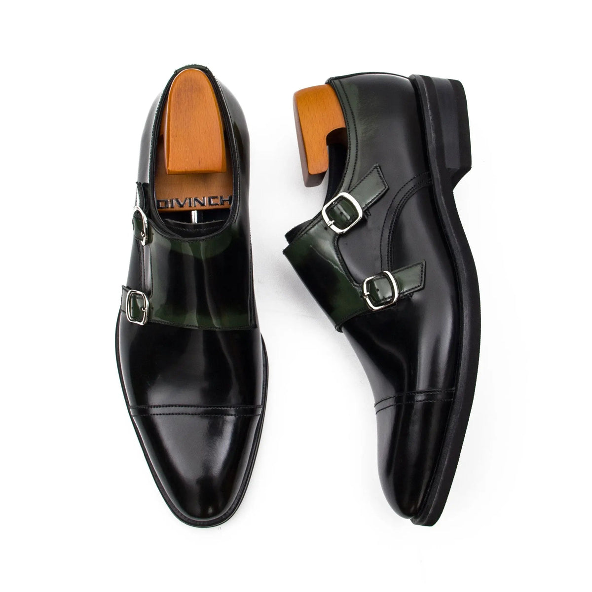 Dark Green Cap-Toe Double Monk Strap Shoes with Glossy Finish