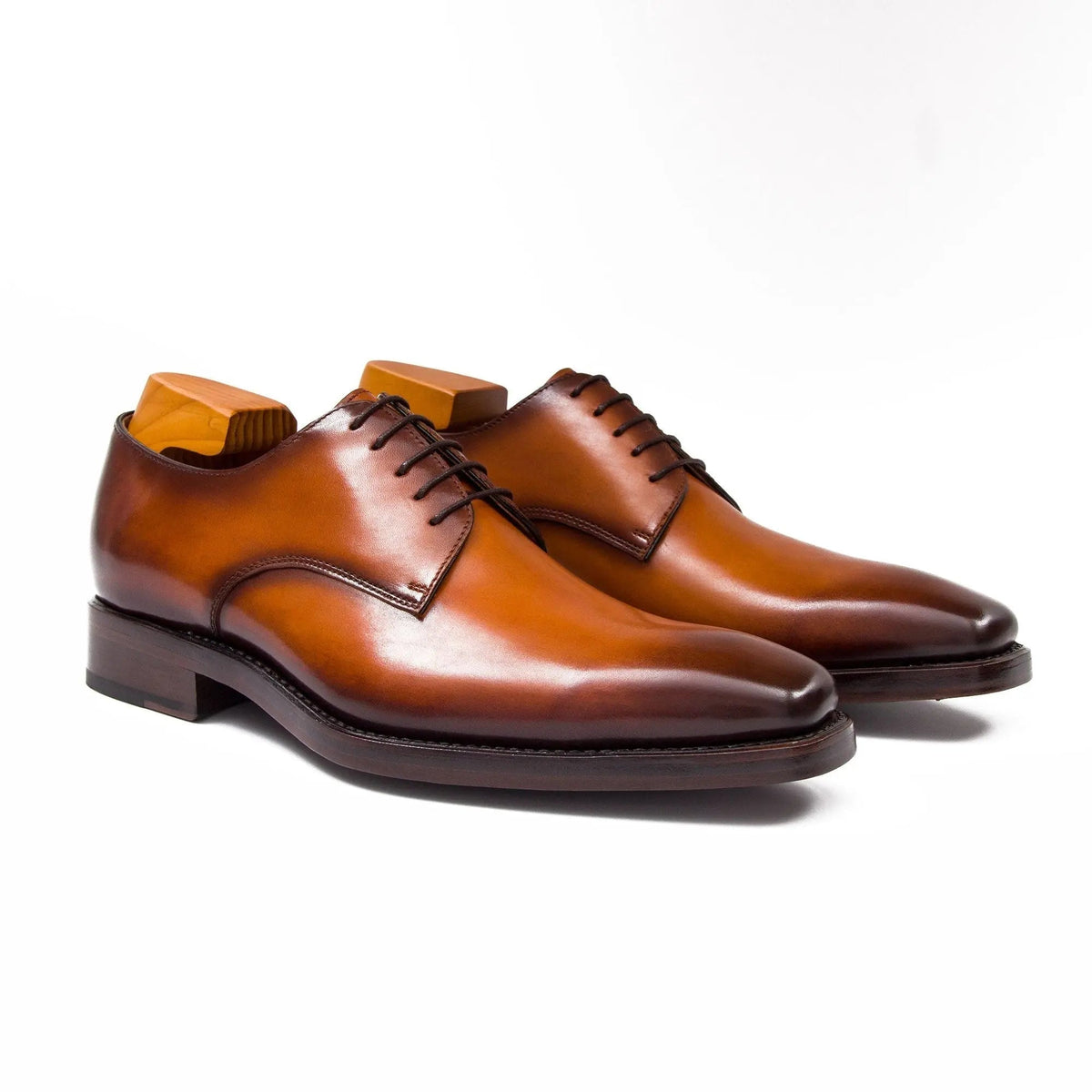 Orange-Brown Square-Toe Derby Shoes with Polished Finish