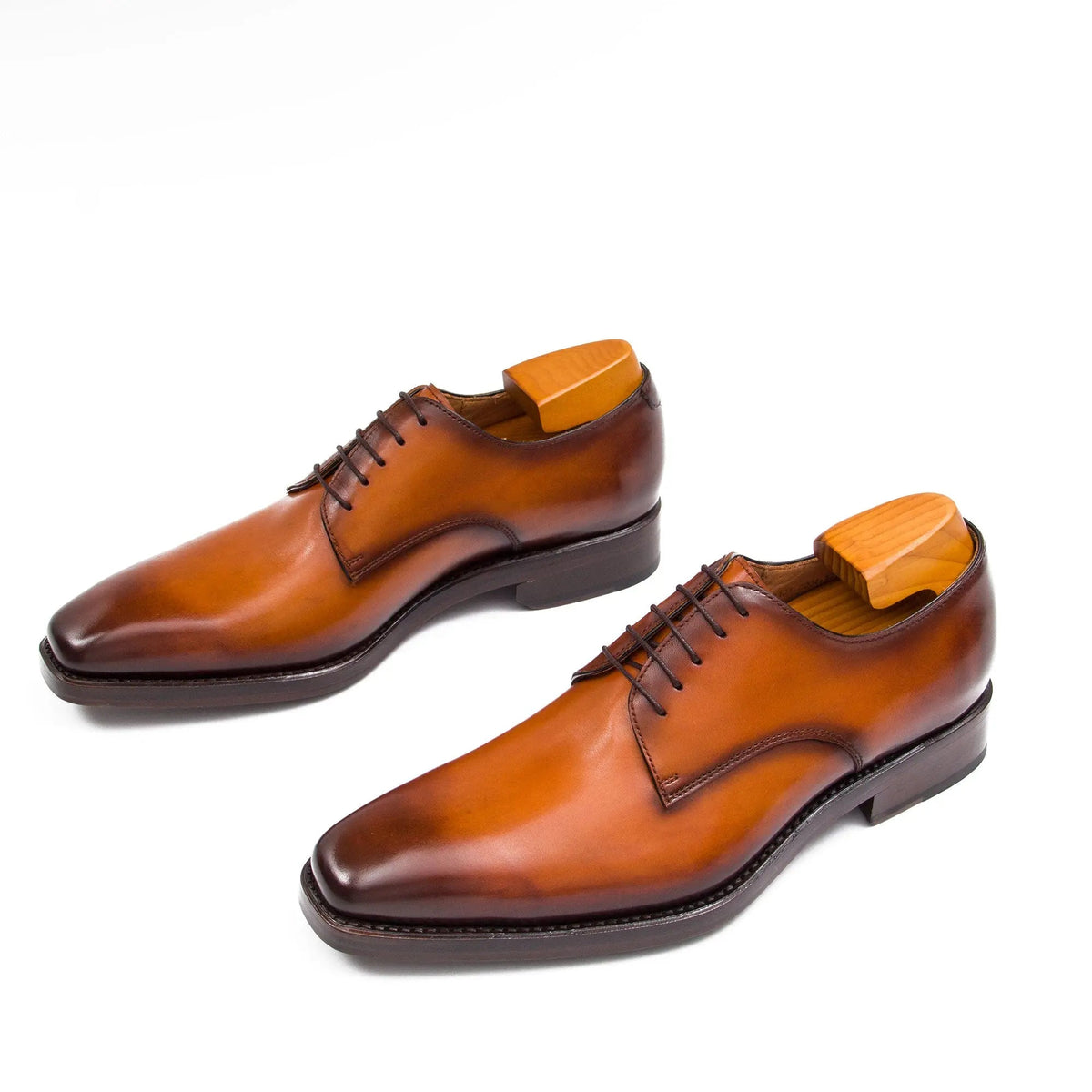 Orange-Brown Square-Toe Derby Shoes with Polished Finish