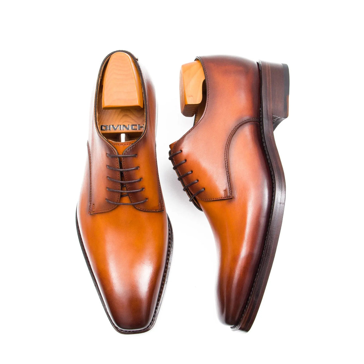 Orange-Brown Square-Toe Derby Shoes with Polished Finish