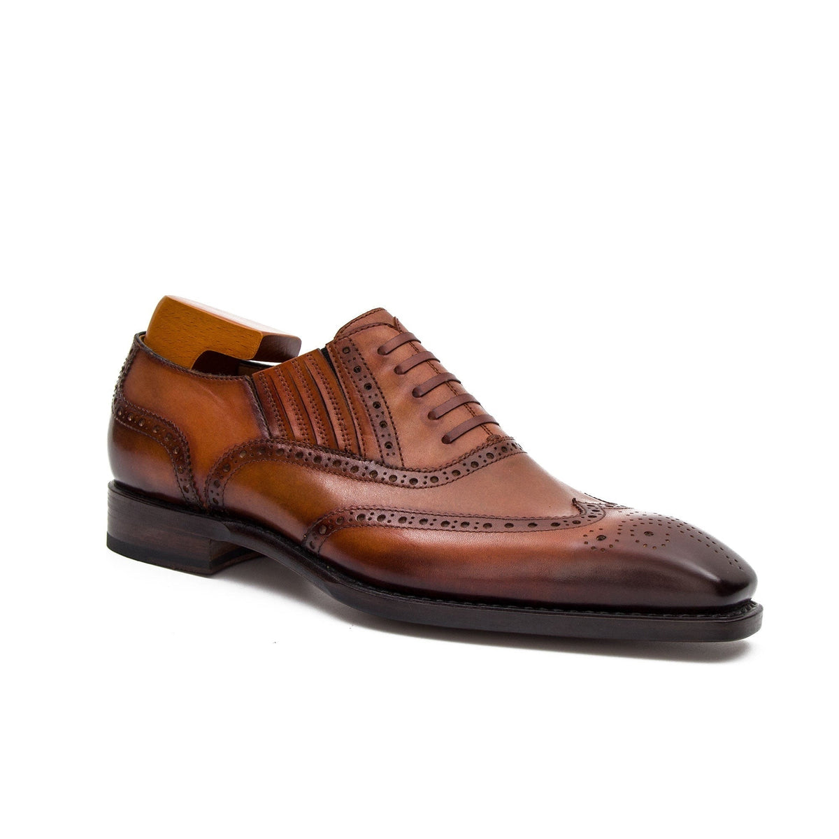 Brown Square-Wingtip Oxford Shoes with Ribbed Sides