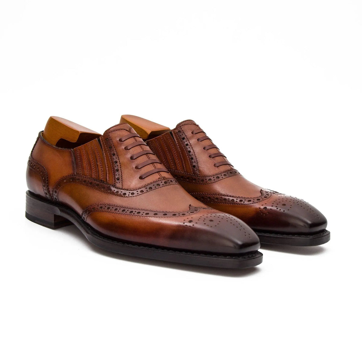 Brown Square-Wingtip Oxford Shoes with Ribbed Sides