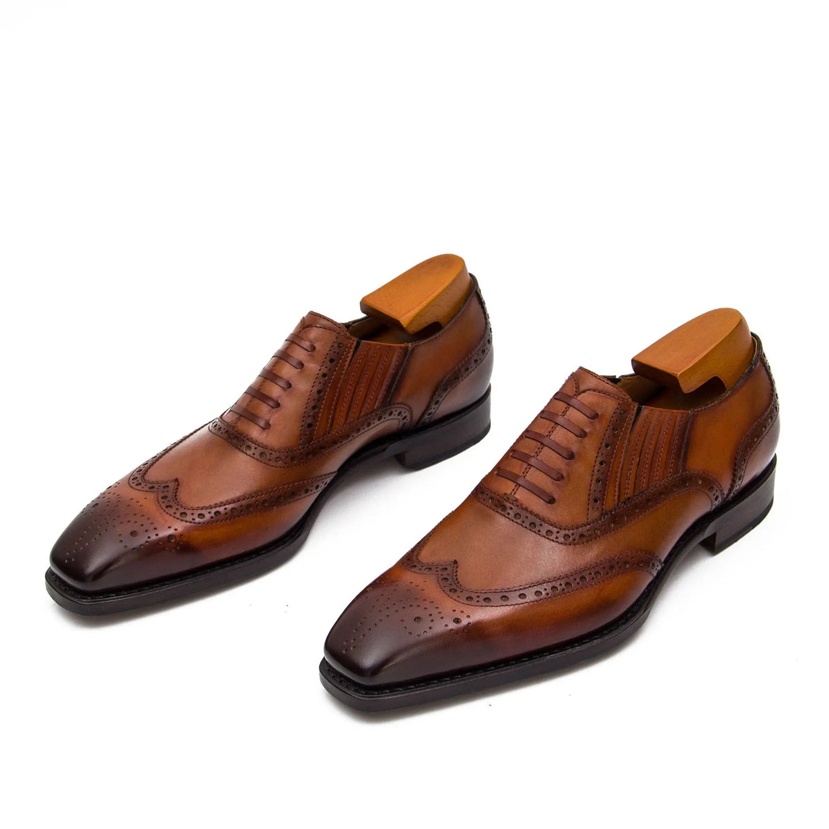 Brown Square-Wingtip Oxford Shoes with Ribbed Sides
