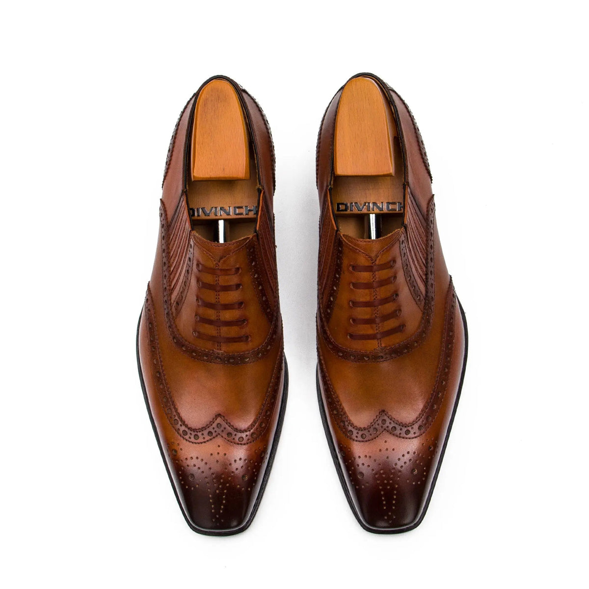 Brown Square-Wingtip Oxford Shoes with Ribbed Sides