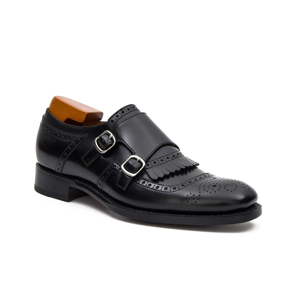 Black Cap-Toe Double Monk Strap Shoes with Fringed Vamp