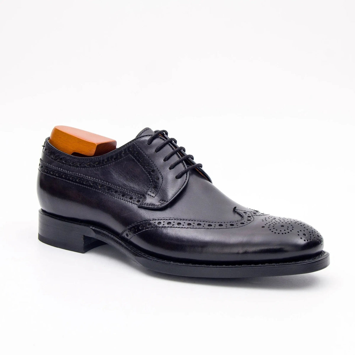 Black Wingtip Derby Shoes with Polished Finish