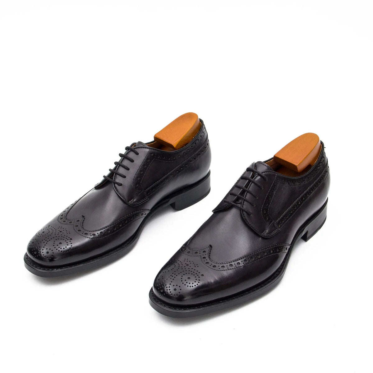 Black Wingtip Derby Shoes with Polished Finish