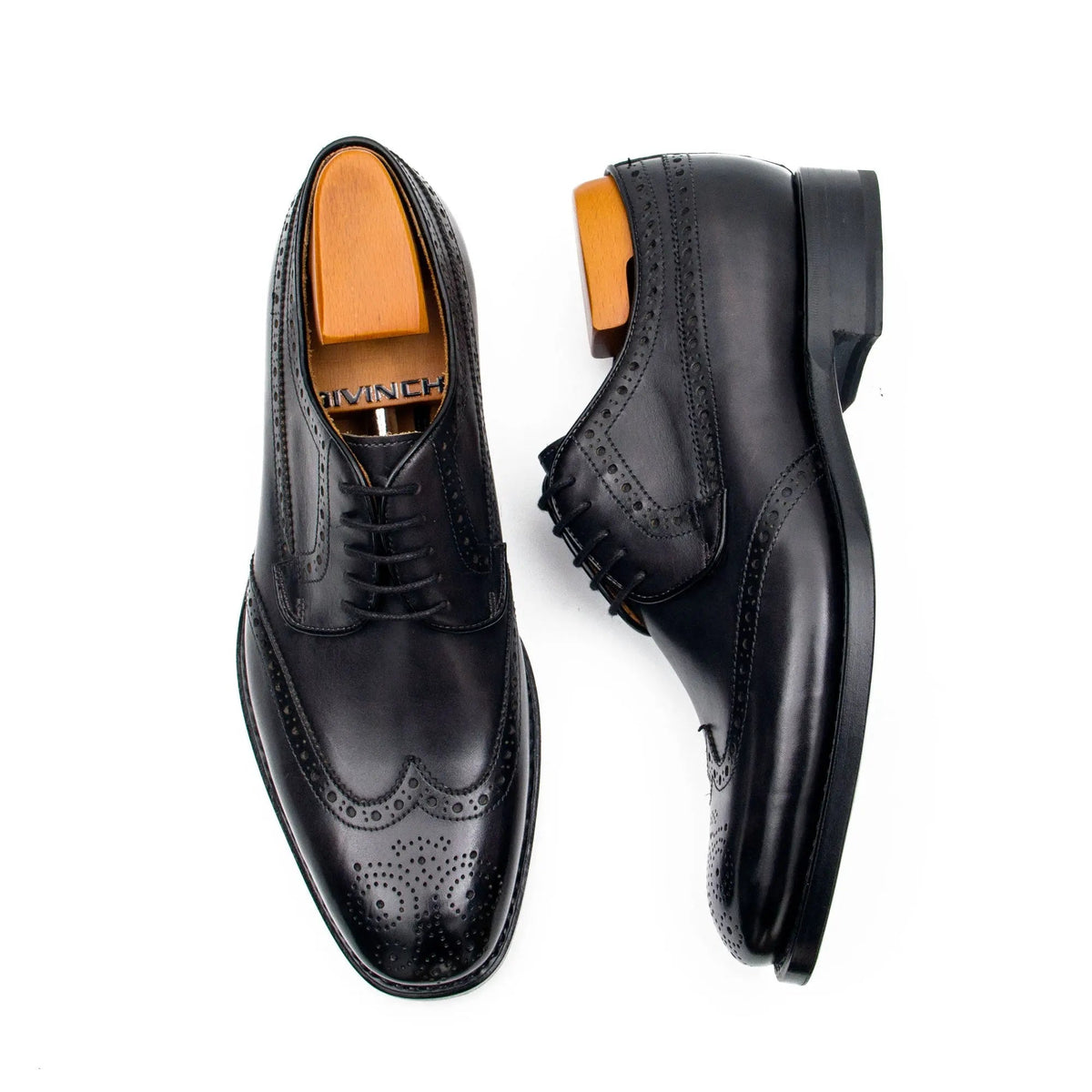 Black Wingtip Derby Shoes with Polished Finish