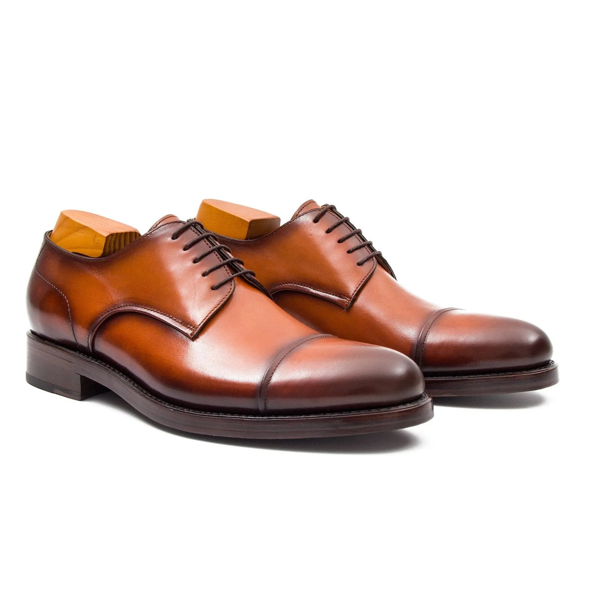 Orange-Brown Cap-Toe Derby Shoes with Polished Finish