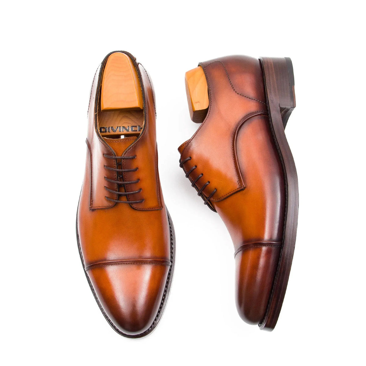 Orange-Brown Cap-Toe Derby Shoes with Polished Finish