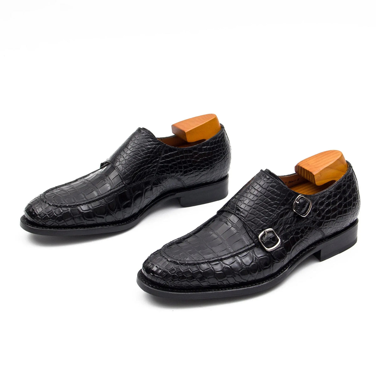 Black Scale-Pattern Double Monk Strap Shoes