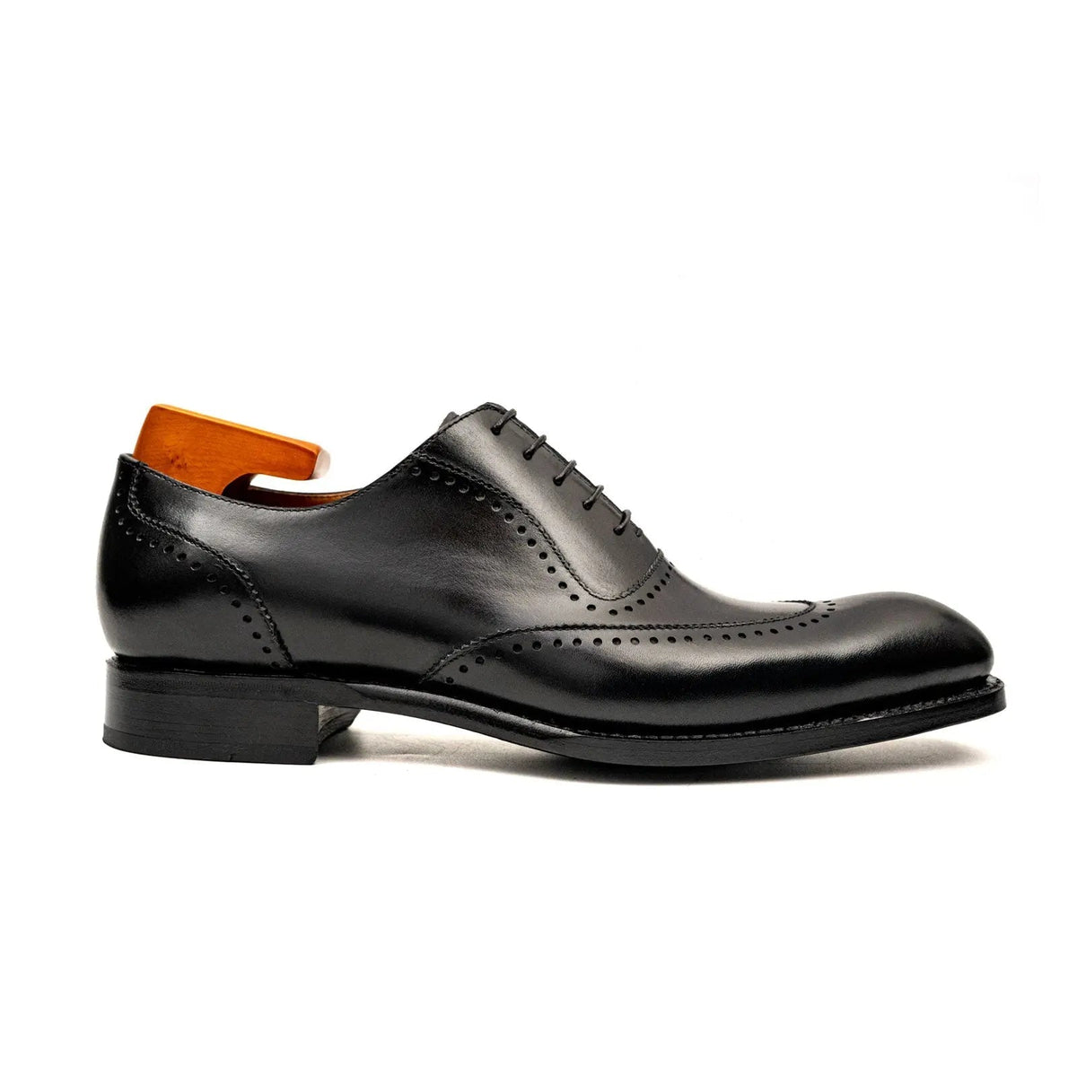 Black Leather Wingtip Oxford Shoes with Glossy Finish