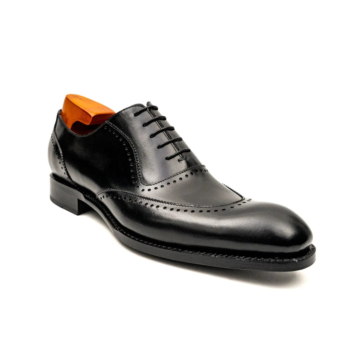 Black Leather Wingtip Oxford Shoes with Glossy Finish