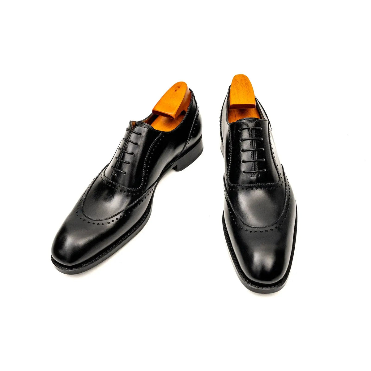 Black Leather Wingtip Oxford Shoes with Glossy Finish