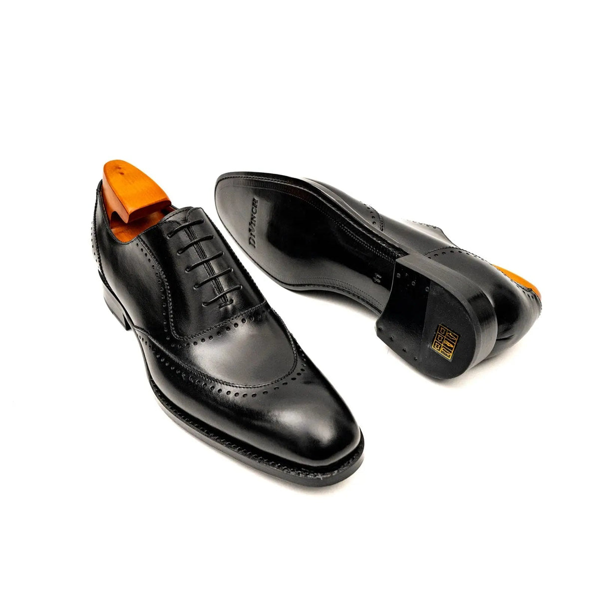 Black Leather Wingtip Oxford Shoes with Glossy Finish