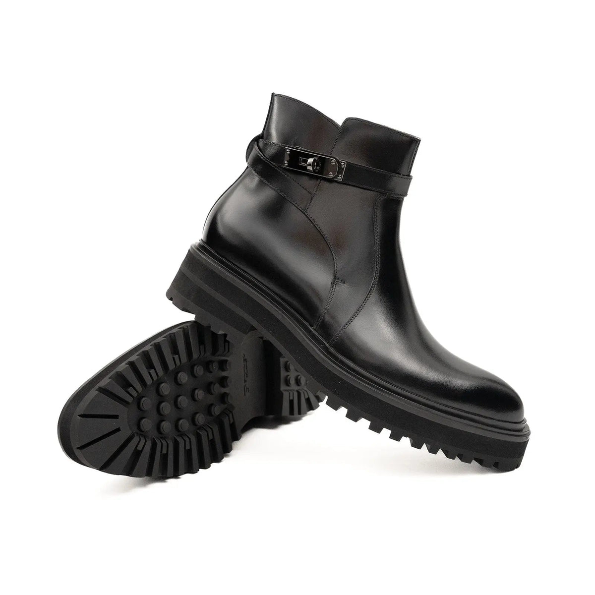 Black Lug Sole Buckle Strap Ankle Boot