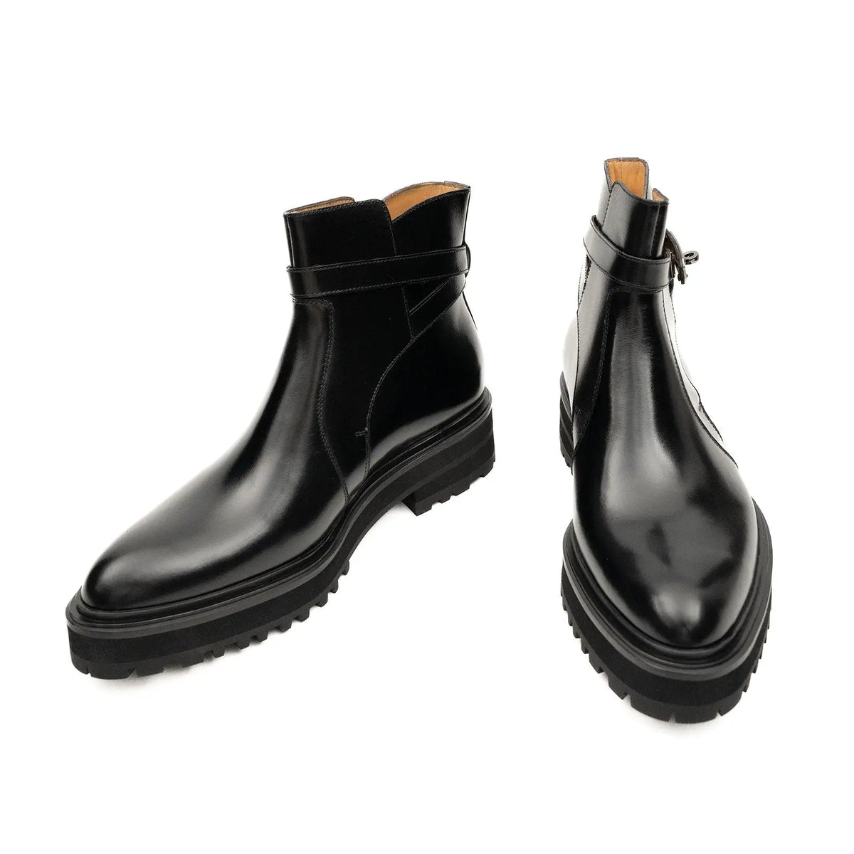 Black Lug Sole Buckle Strap Ankle Boot