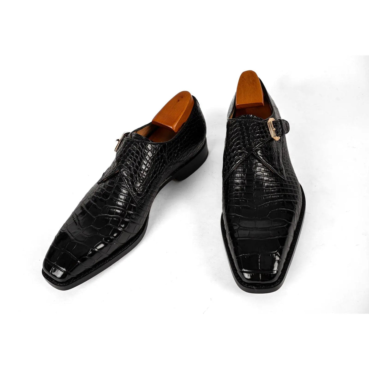 Black Square-Toe Single Monk Shoes with Scale Texture