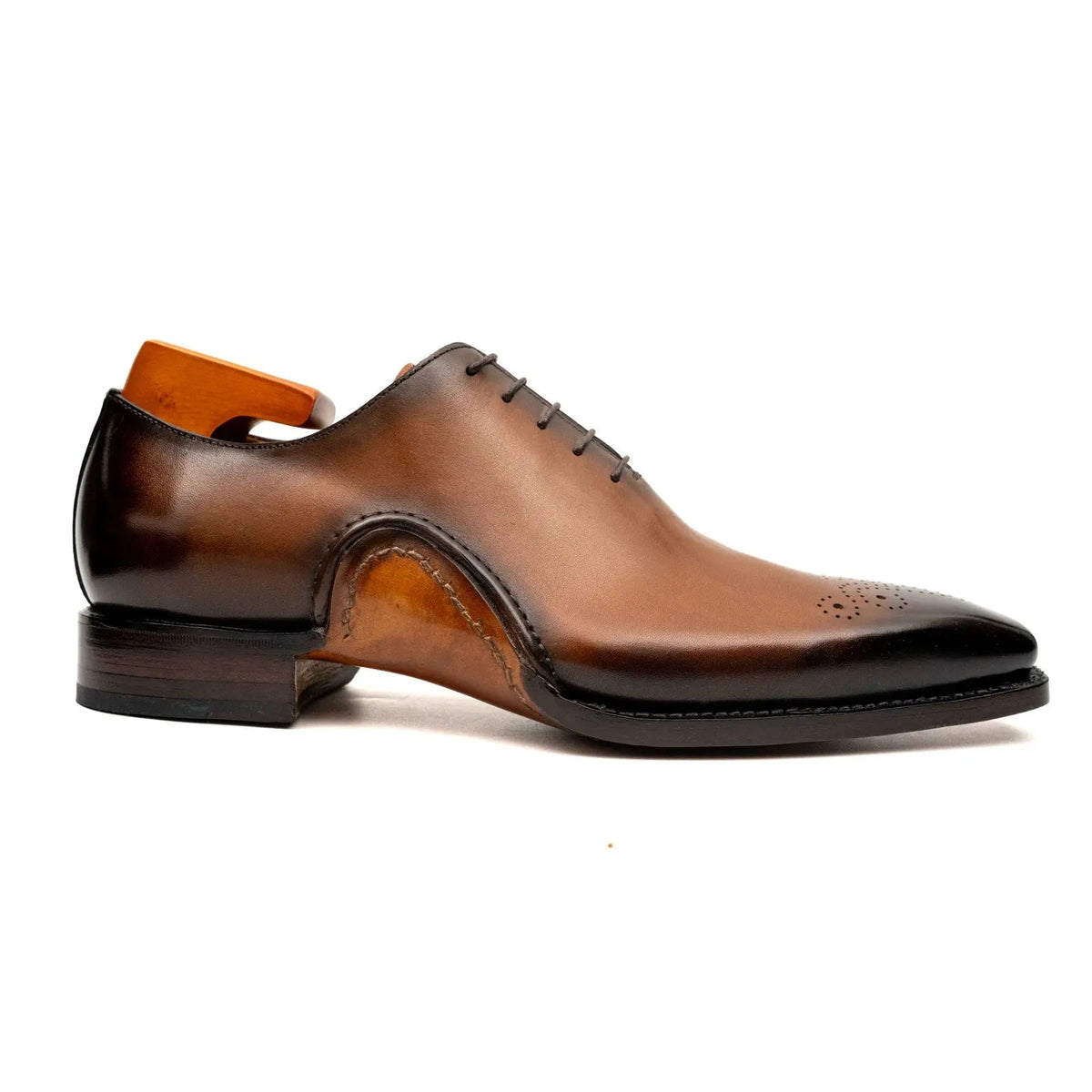 Tan-Brown Square-Toe Oxford Shoes with Toe Medallion