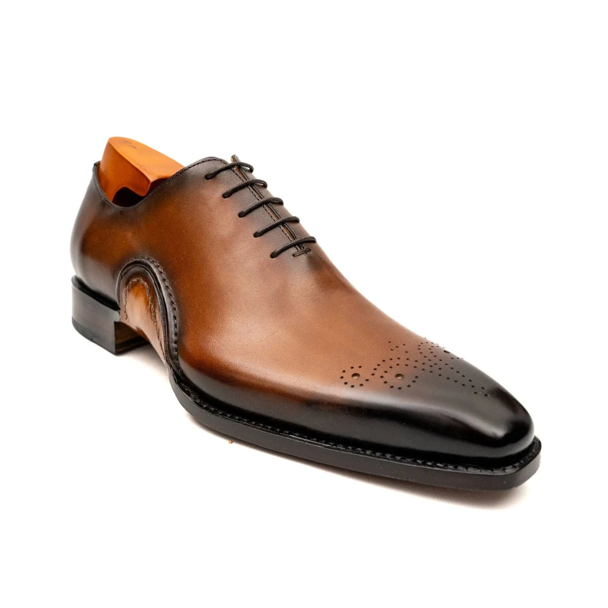Tan-Brown Square-Toe Oxford Shoes with Toe Medallion
