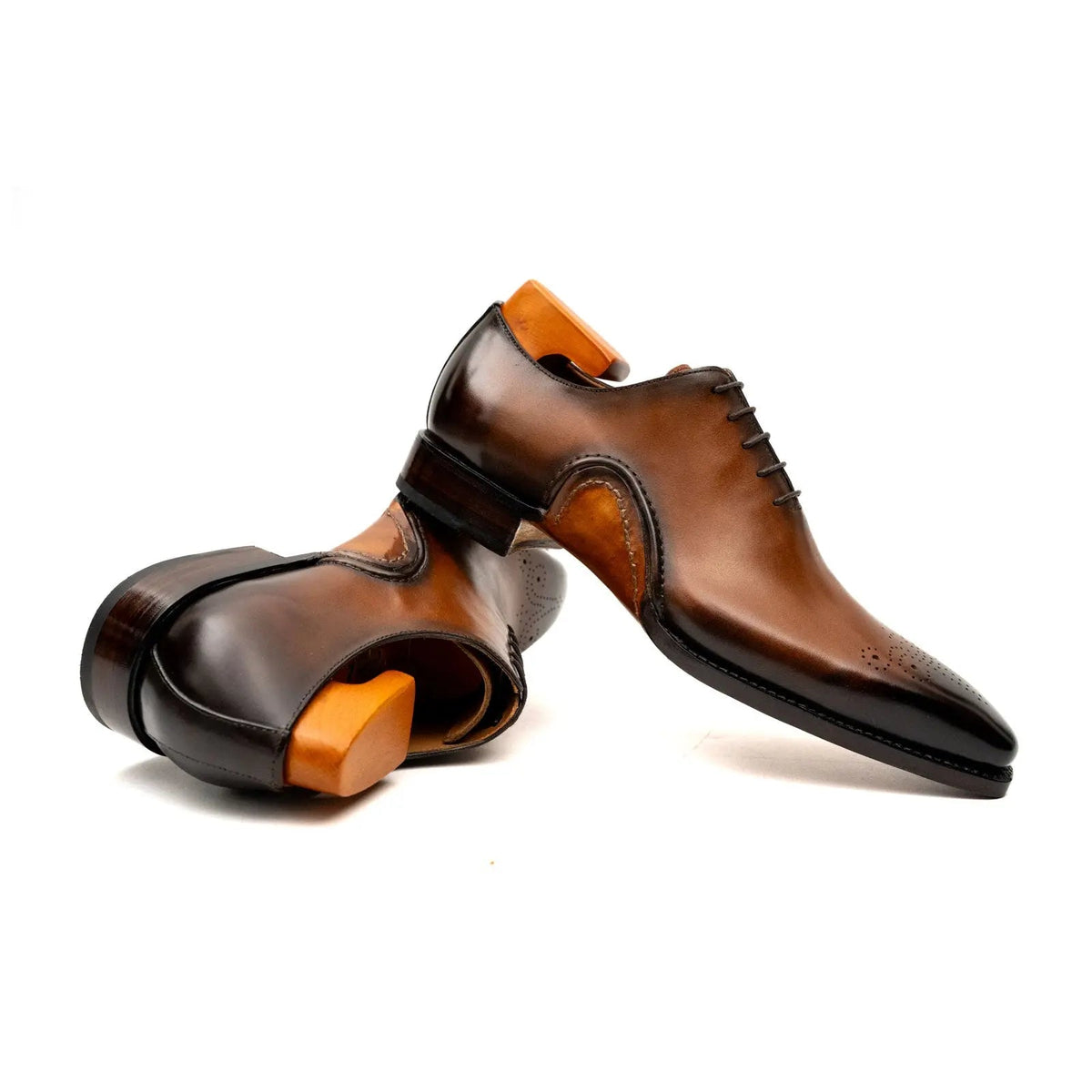 Tan-Brown Square-Toe Oxford Shoes with Toe Medallion