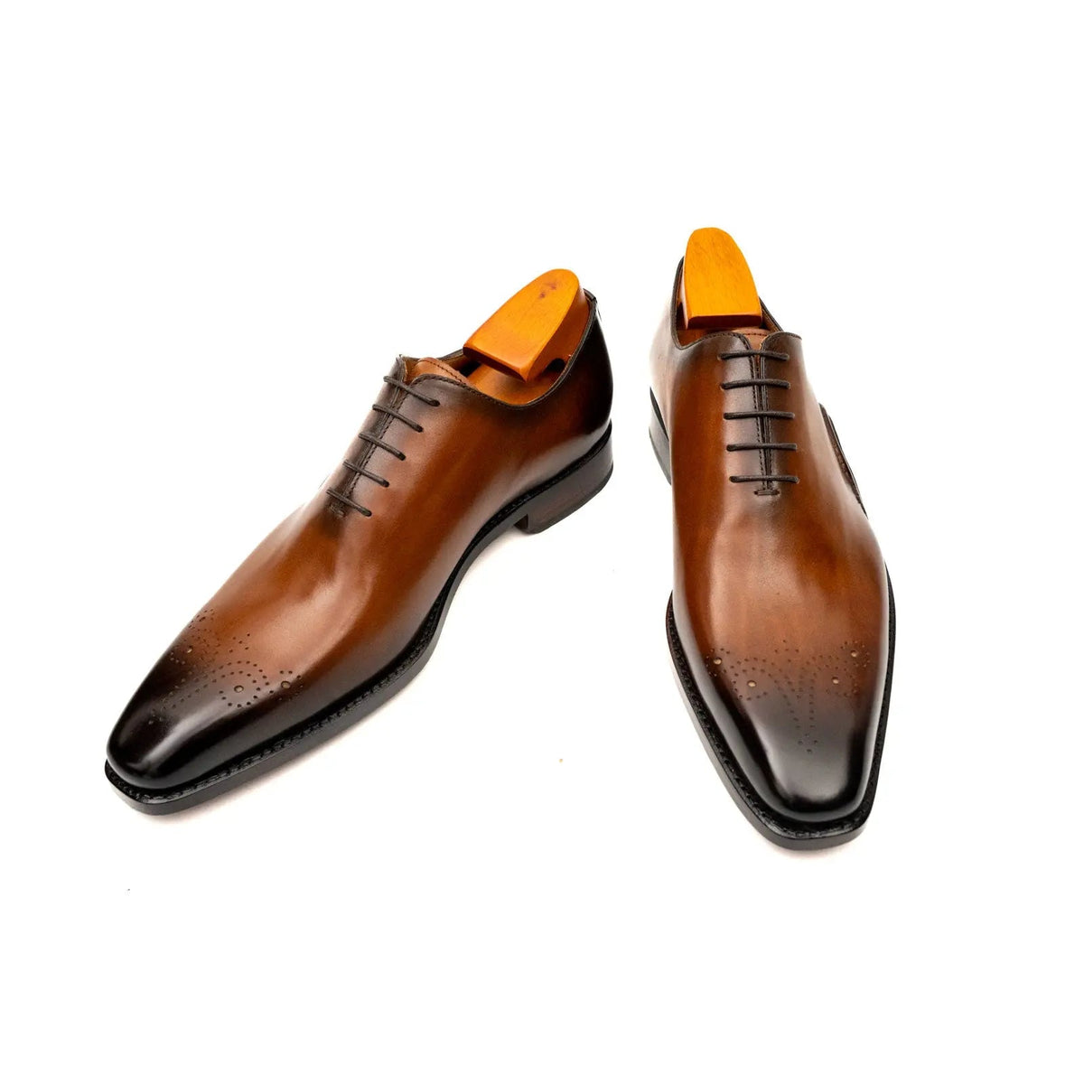 Tan-Brown Square-Toe Oxford Shoes with Toe Medallion