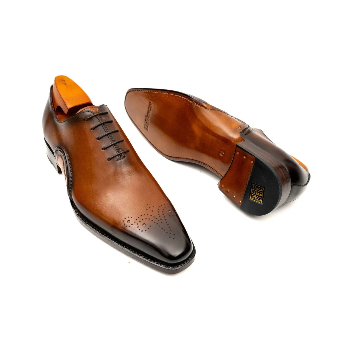 Tan-Brown Square-Toe Oxford Shoes with Toe Medallion