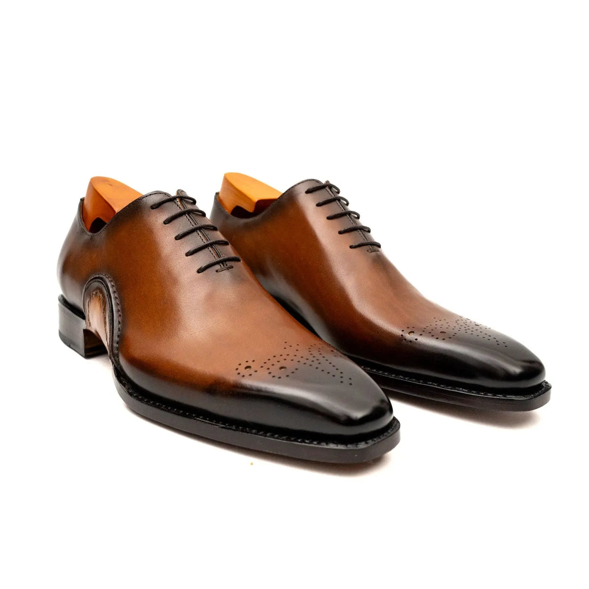 Tan-Brown Square-Toe Oxford Shoes with Toe Medallion