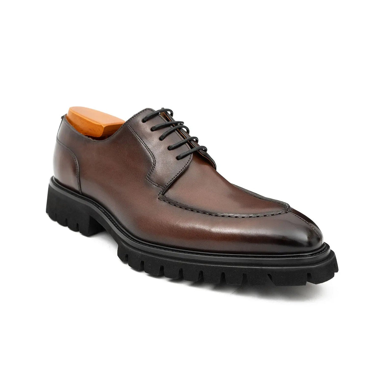 Brown Calfskin Apron-Toe Derby Shoes with Lug Sole