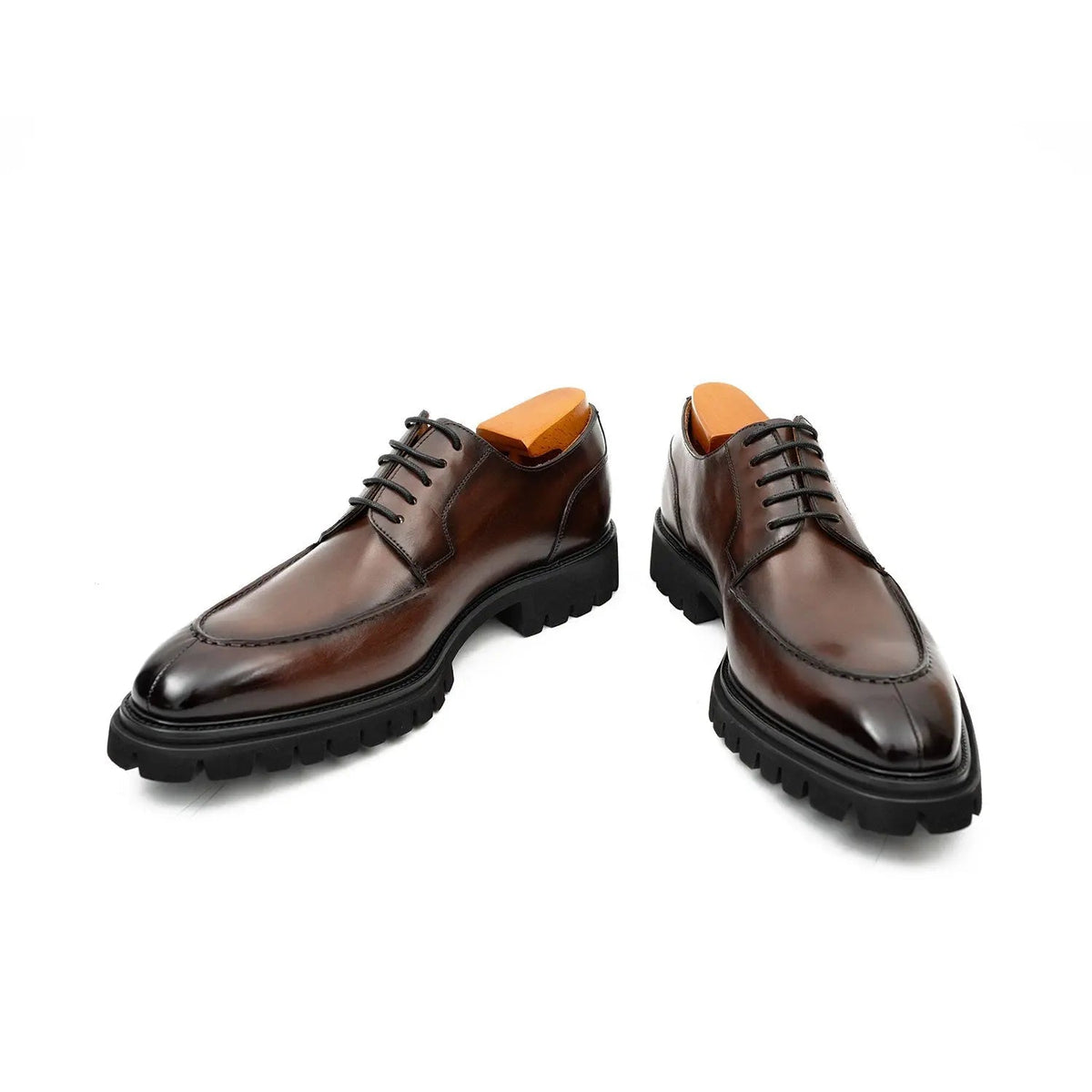 Brown Calfskin Apron-Toe Derby Shoes with Lug Sole