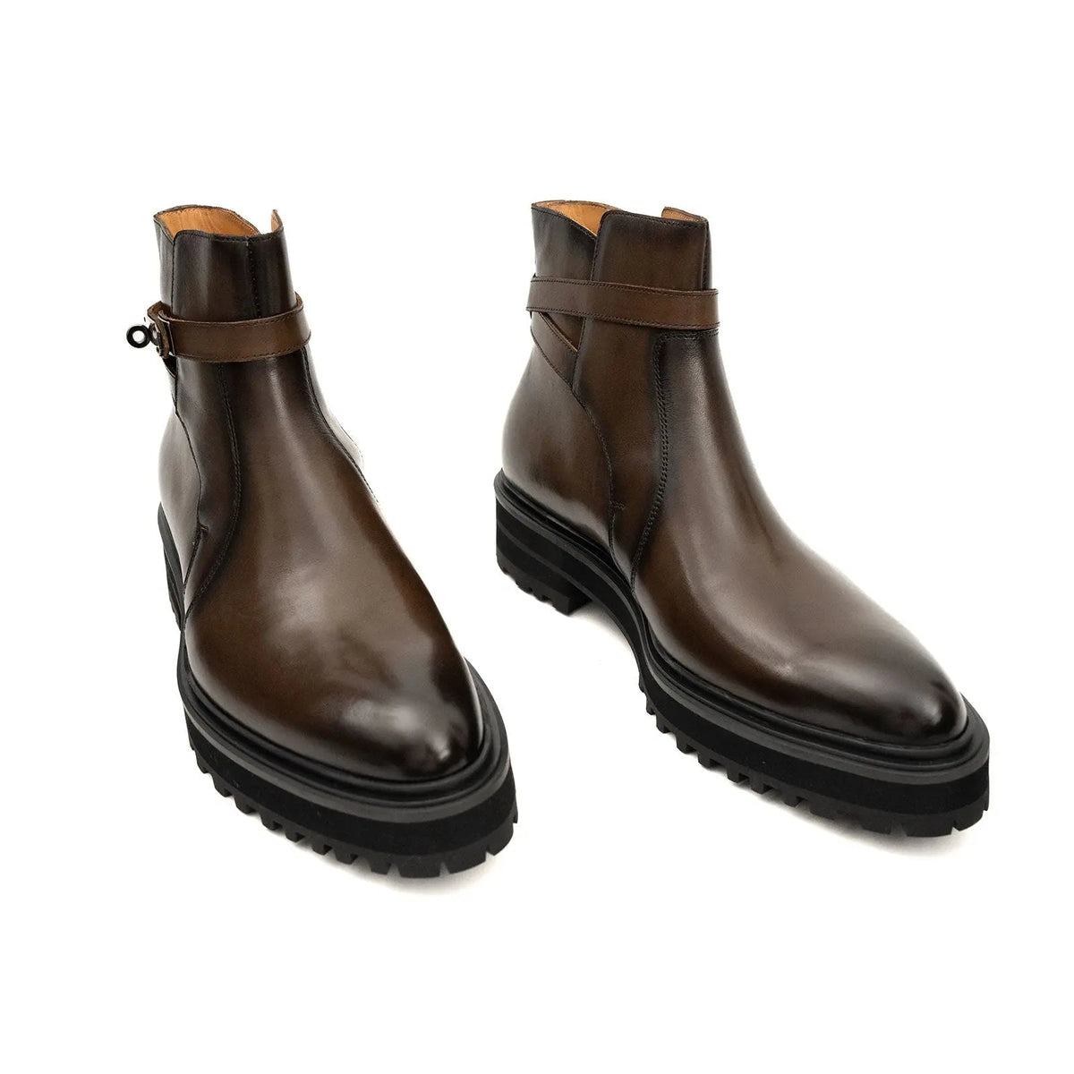 Brown Lug Sole Buckle Strap Ankle Boot