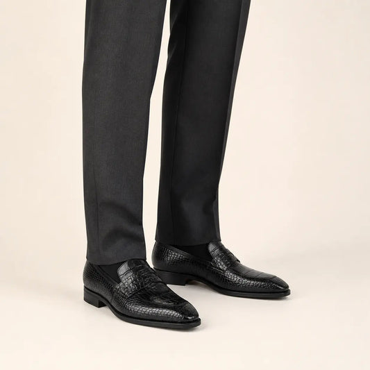 Black Apron-Toe Penny Loafers with Scale-Pattern Texture