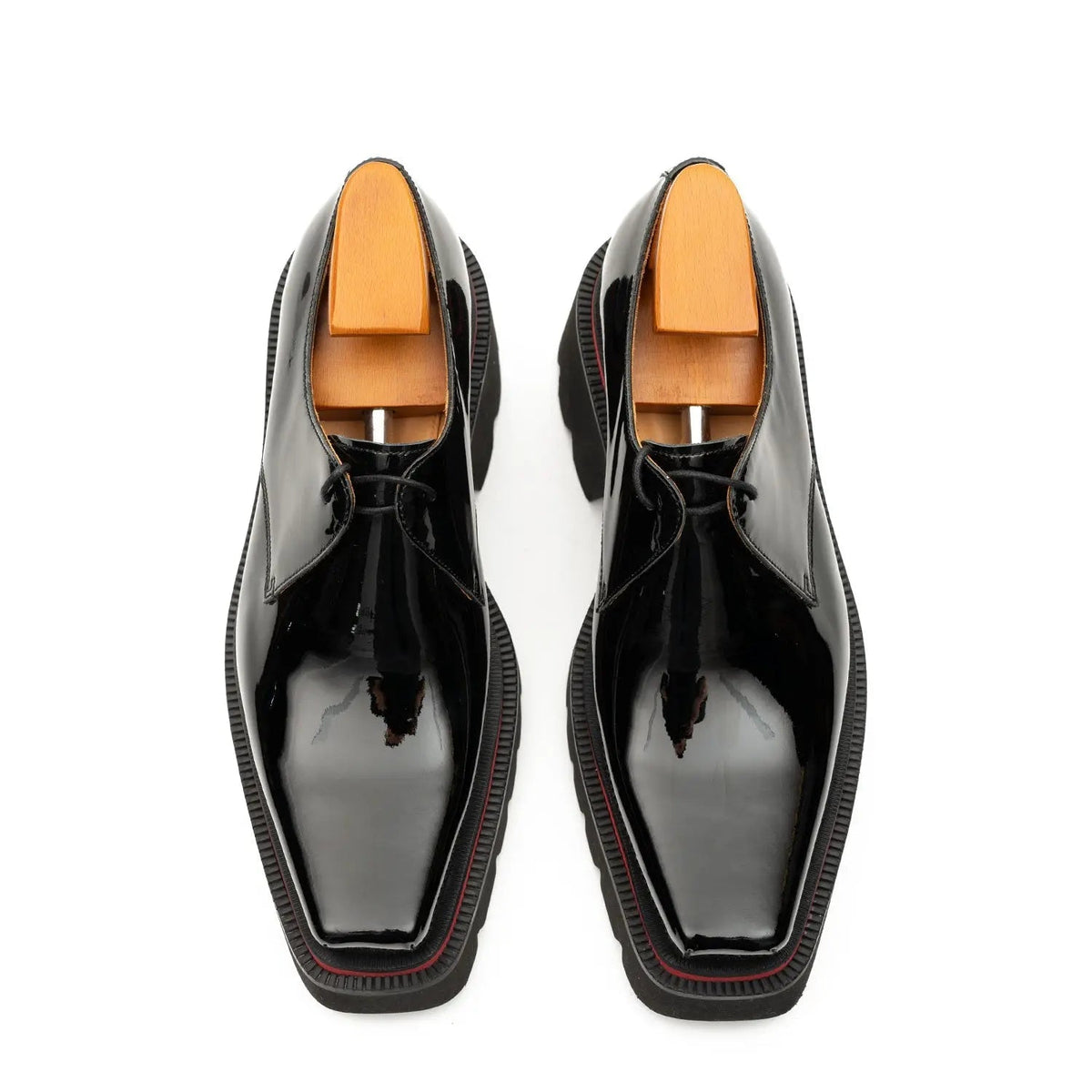 Black Glossy Calfskin Square-Toe Derby Shoes with Red Edging