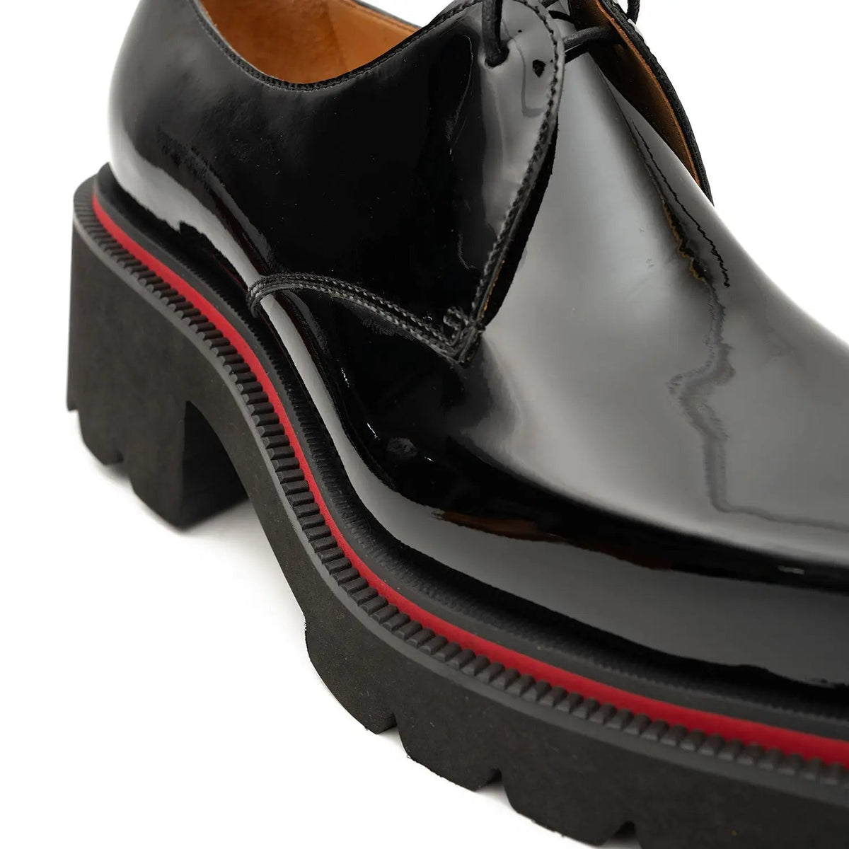 Black Glossy Calfskin Square-Toe Derby Shoes with Red Edging