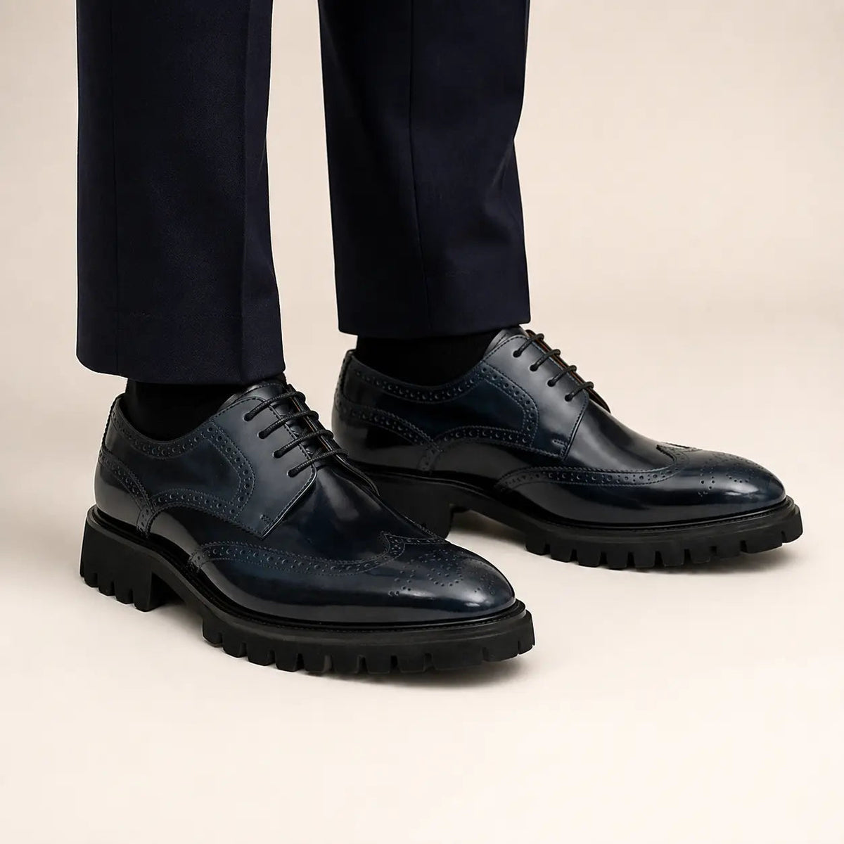 Dark Blue Wingtip Derby Shoes with Lug Sole