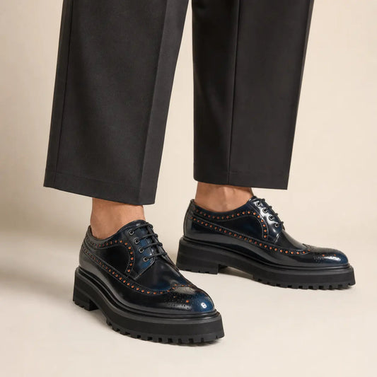 Dark Blue-Black Glossy Lug Sole Wingtip Derby Shoe