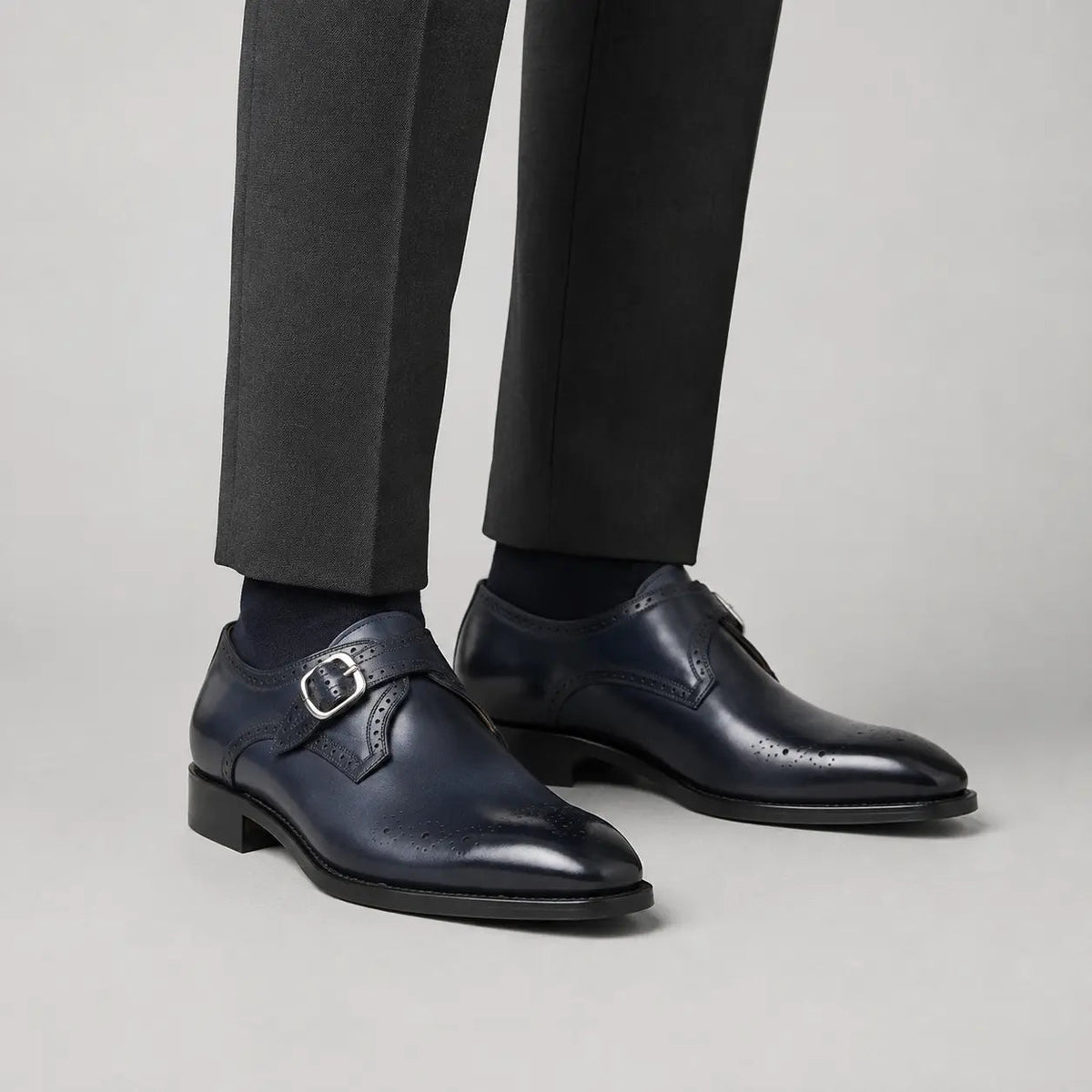 Dark Blue Single Monk Shoes with Perforated Toe Detail