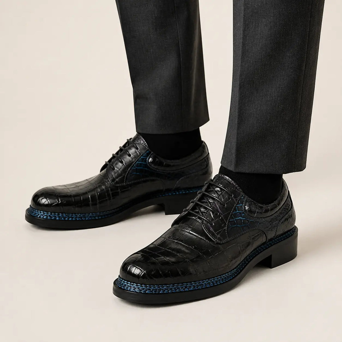 Deep Blue-Black Split Apron-Toe Derby Shoes