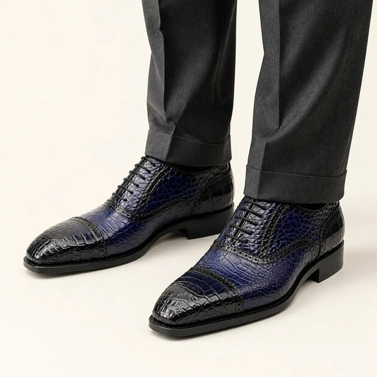 Dark Blue Cap-Toe Oxford Shoes with Perforated Detail