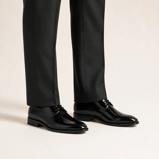Very Dark Blue-Black Plain-Toe Derby Shoes with Glossy Finish