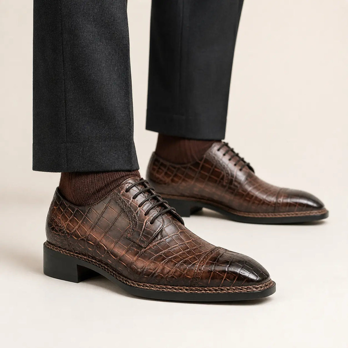 Brown Textured Derby Shoe with Dark Toe