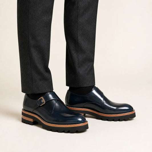 Dark Blue Single Monk Shoes with Brown-Band Ridged Sole