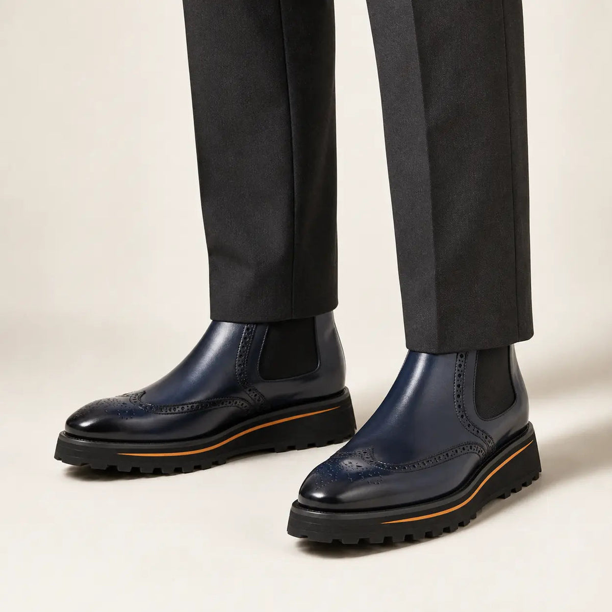 Dark Blue Wingtip Chelsea Boots with Brown-Edge Lug Sole