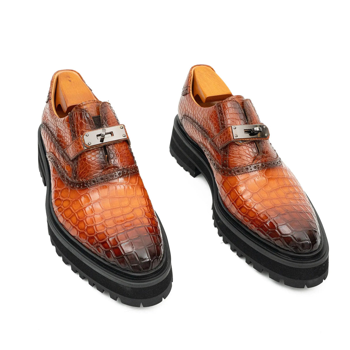 Orange-Brown Textured Lug Sole Single Buckle Monk Shoe
